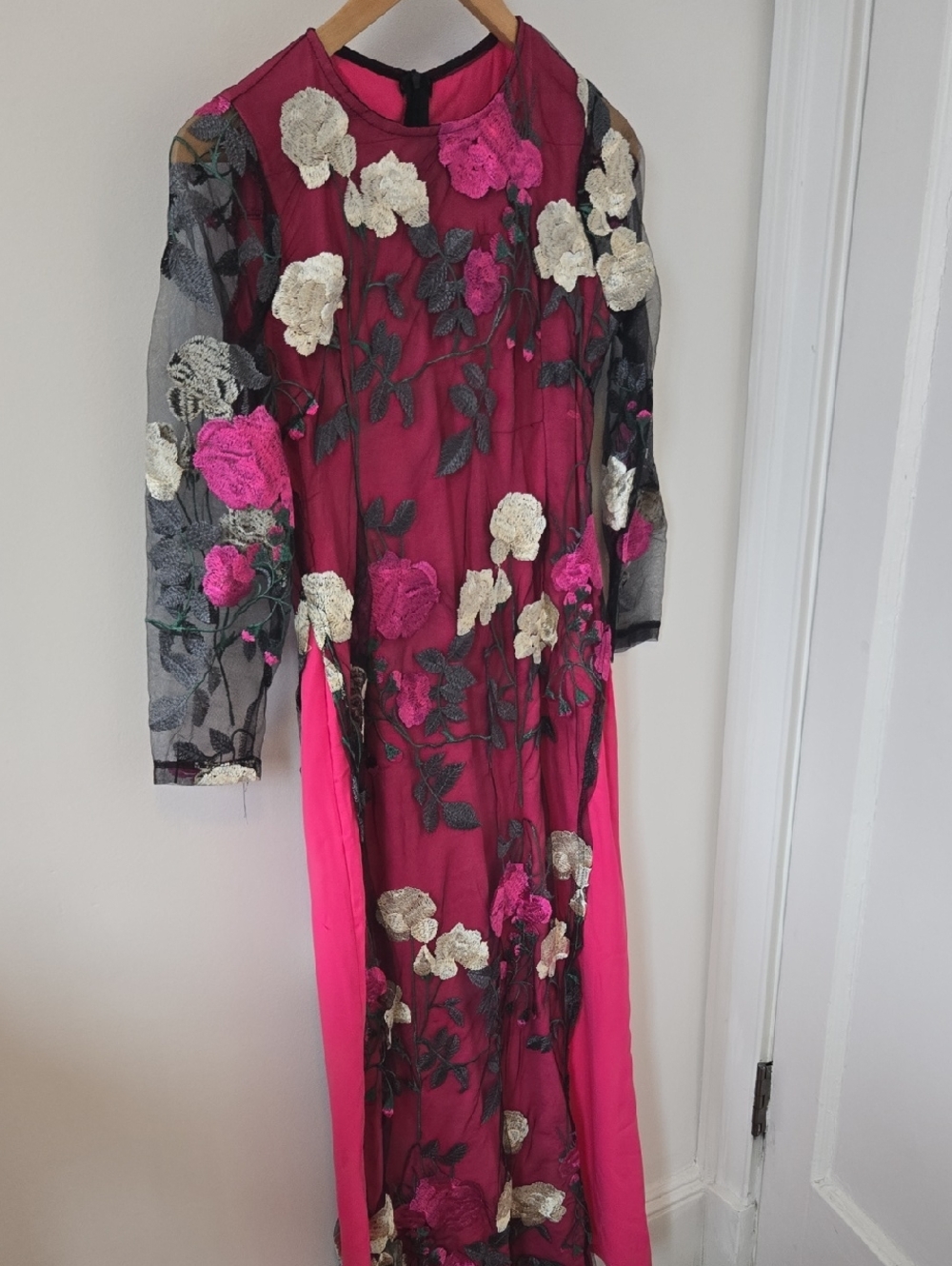 AO DAI Style  Floral Embroidered Maxi Dress in Fuchsia & Black